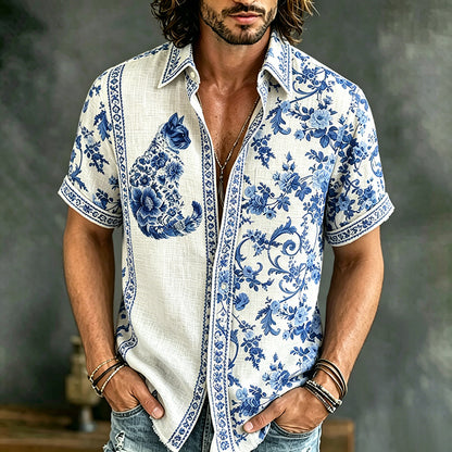 Cardydony Men's Cat Collection Camping Blue Floral And Cat Printing Inspired Art Flowy Linen Blend Shirt