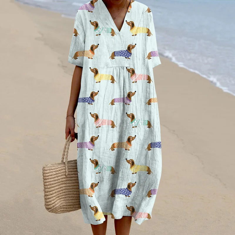 Cardydony Women's Retro Cute Dachshund Dog Art Linen Dress