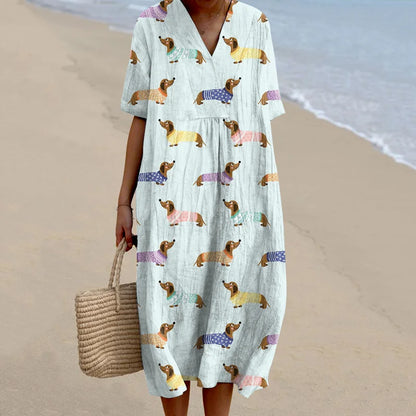 Cardydony Women's Retro Cute Dachshund Dog Art Linen Dress