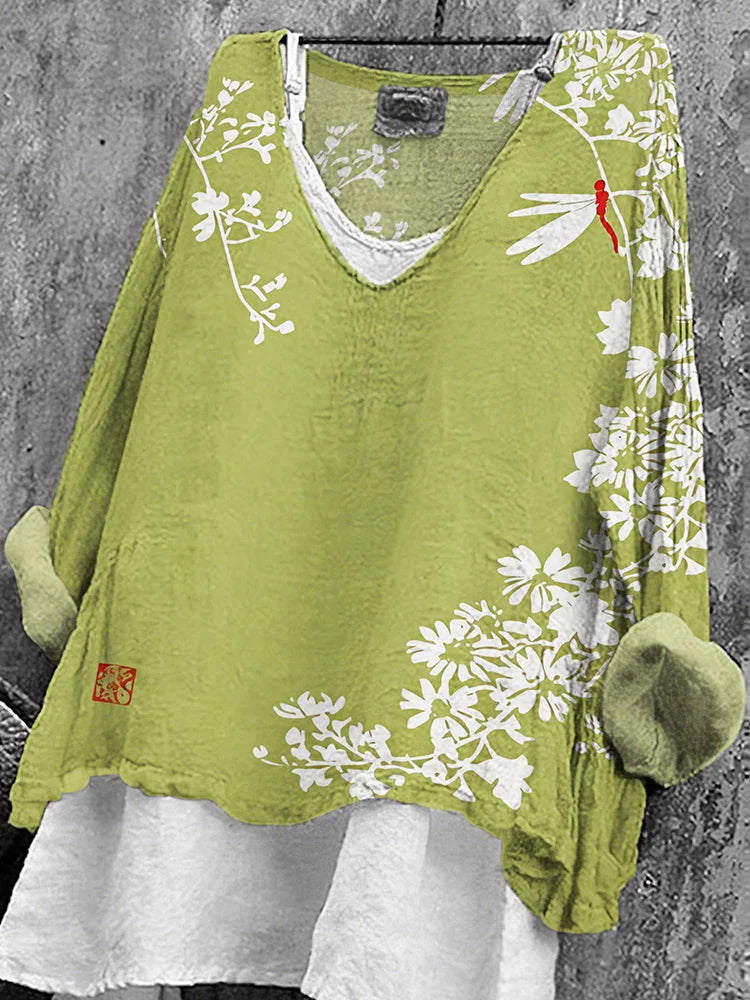 Cardydony Women's Japanese Floral Art Print V-neck T-shirt