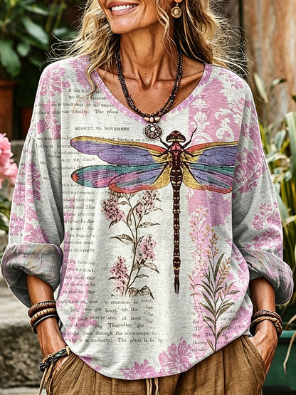Cardydony Women's Tie-dye Dragonfly And Floral Retro Print Cotton Linen Top