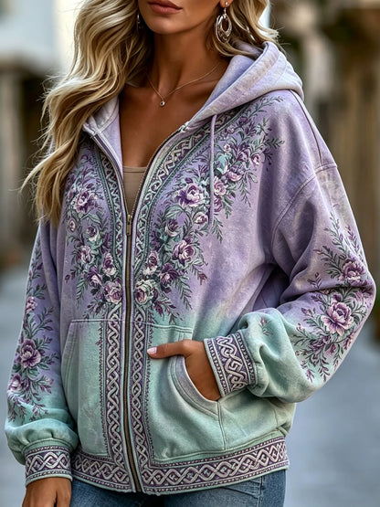 Cardydony Women's Vintage Flowers Celtic Knot Gradient Art Casual Zip-up Hoodie