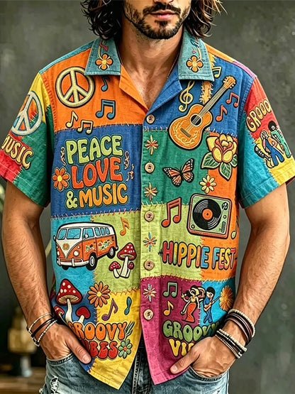 Cardydony Men's Hippie Style Peace Love Music Patchwork Art Print Casual Shirt