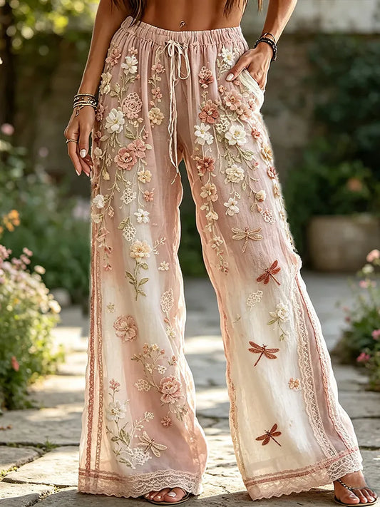 Cardydony Women's Pink And White Dragonfly Lace Art Casual Cotton And Linen Pants