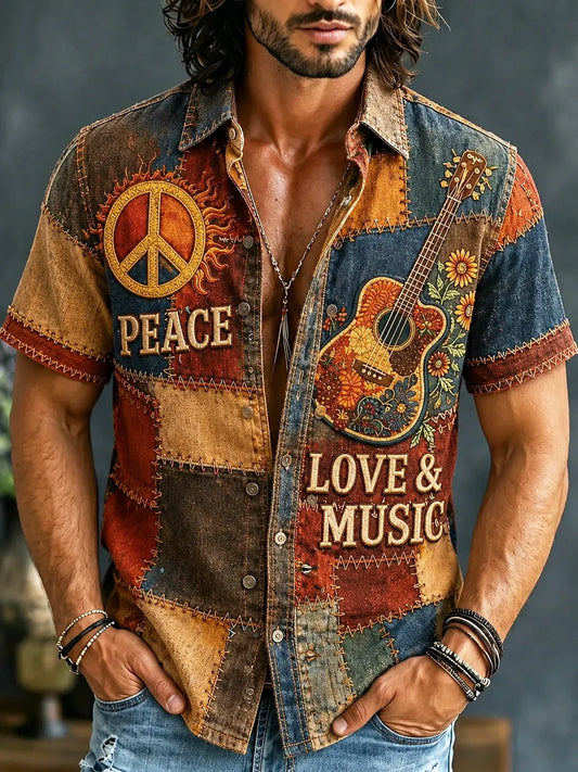 Cardydony Men's Hippie Peace Love Music Patchwork Print Short Sleeve Shirt