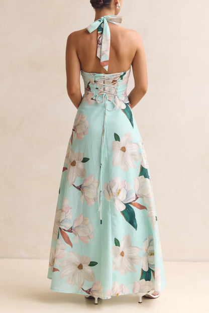 Cardydony Women's Floral Print V-neck Backless Tie-up Fitted Waist Elegant Maxi Dress