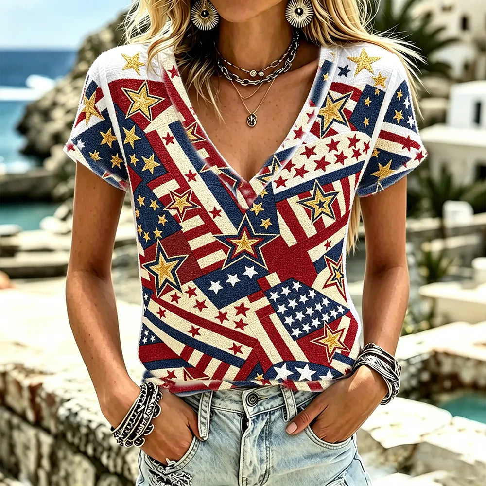 Cardydony Women's Vintage Usa Anniversary Patchwork Star Art Print Short Sleeve Top
