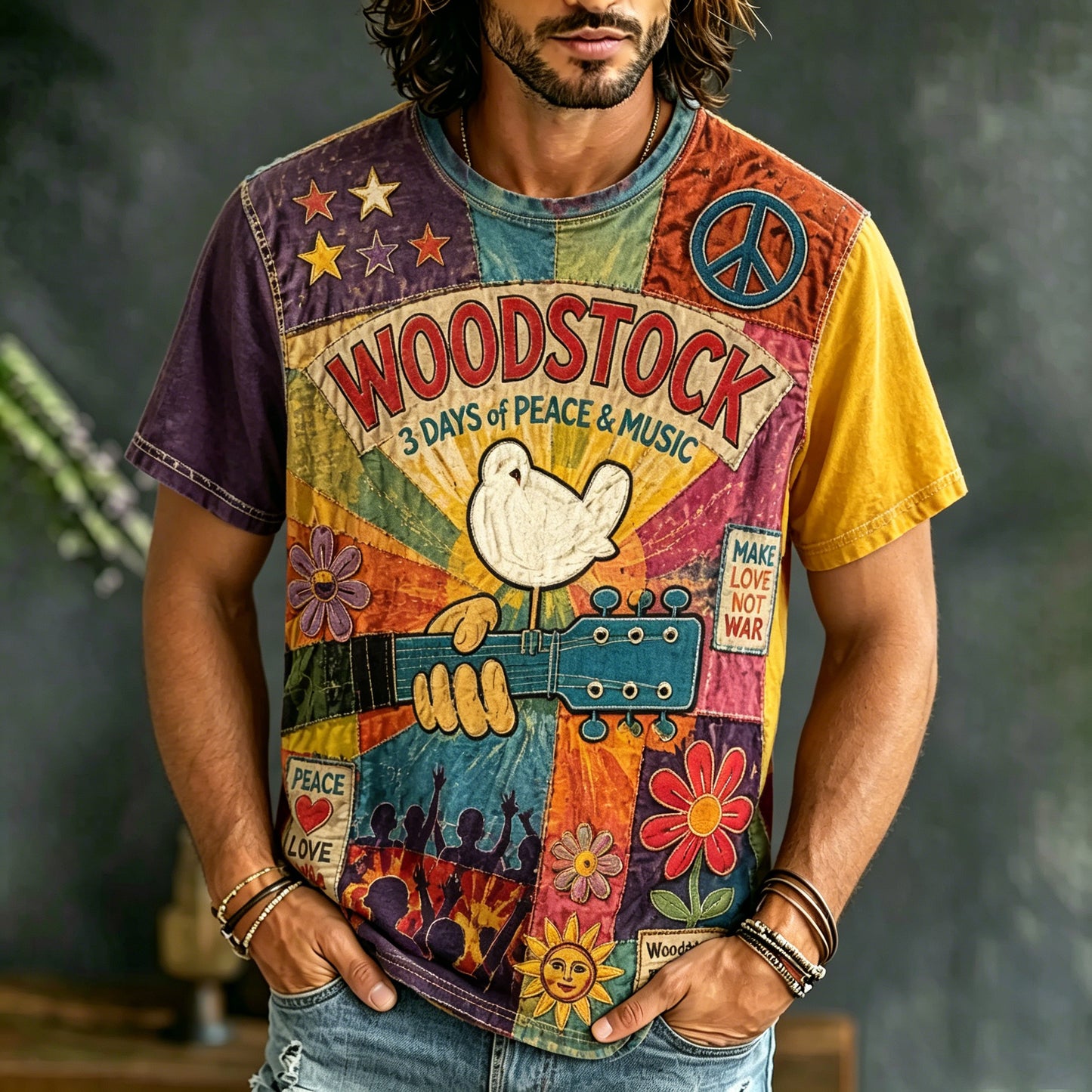 Cardydony Men's Retro Music Hippie Print Short-sleeve T-shirt