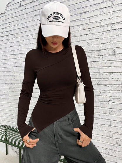 Cardydony Women's Asymmetric Fitted Long-Sleeve Knit Top