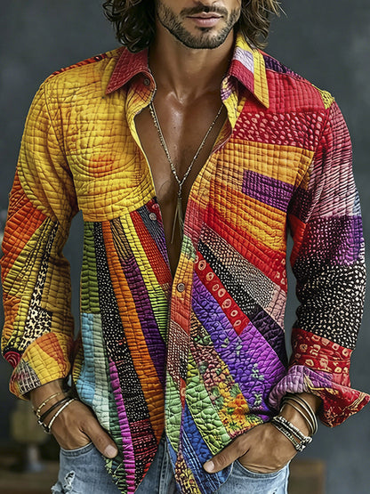 Cardydony Men's Causal Spring Hippie Vibe Colorful Sun Collage Art Print Flowy Linen Blend Shirt