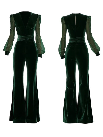 Cardydony Retro Elegant V Neck Velvet Jumpsuit