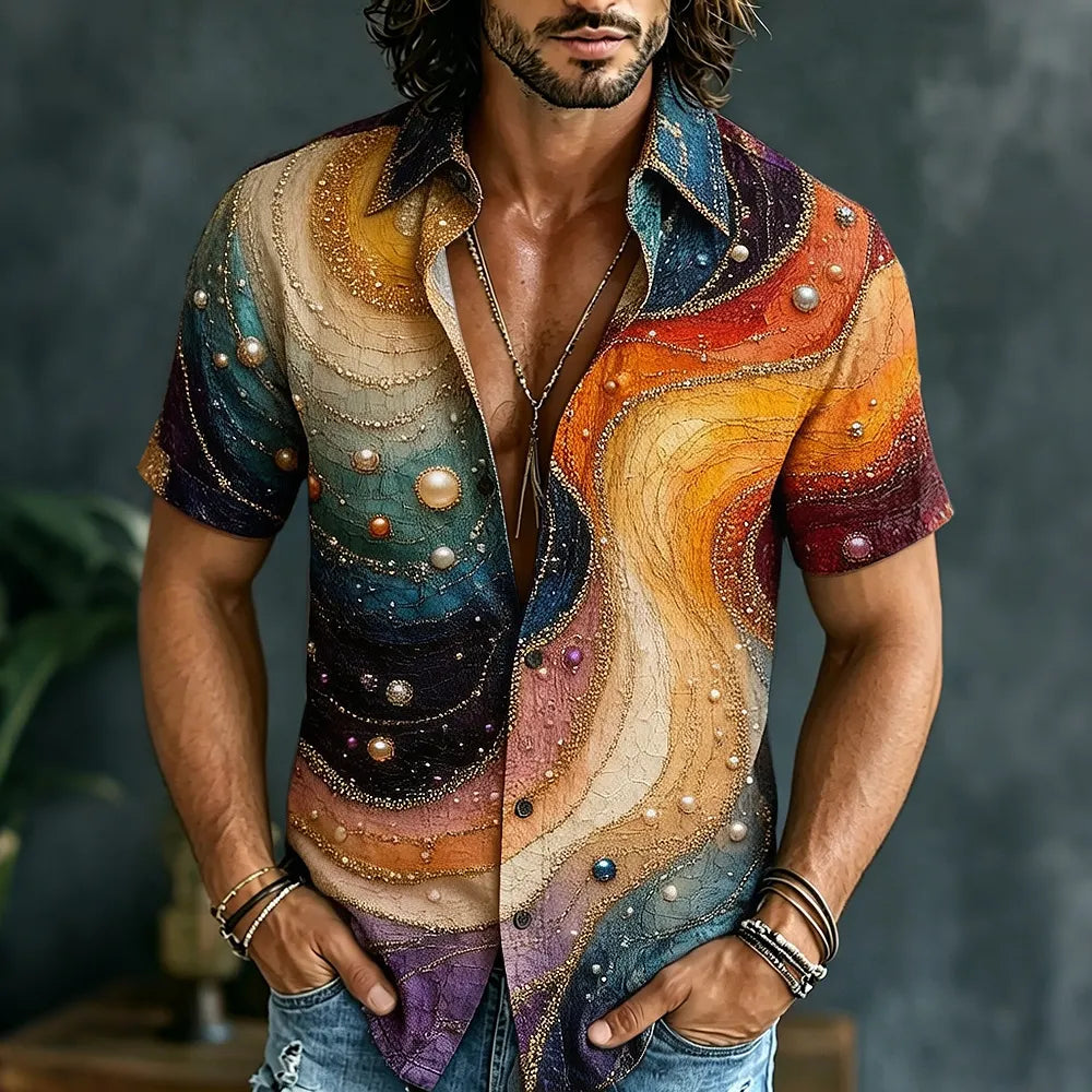Cardydony Men's Retro Hippie Patchwork Print Short-sleeve Shirt