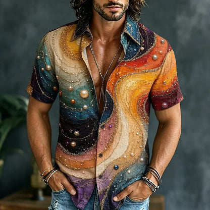 Cardydony Men's Retro Hippie Patchwork Print Short-sleeve Shirt