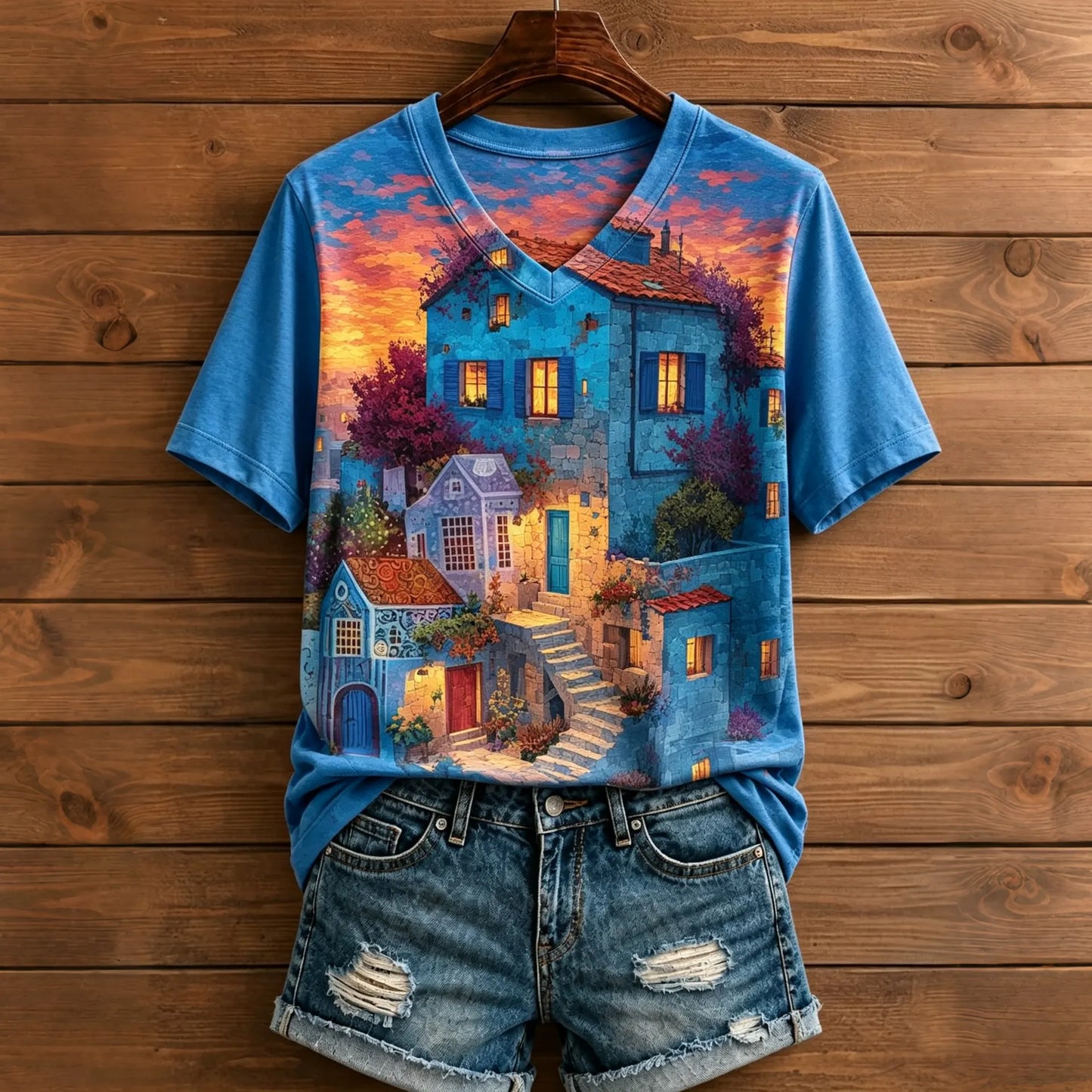 Cardydony Women's Mediterranean Blue Stone Village Sunset Art Print Boho Short Sleeve V‑neck T-shirt