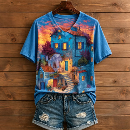 Cardydony Women's Mediterranean Blue Stone Village Sunset Art Print Boho Short Sleeve V‑neck T-shirt