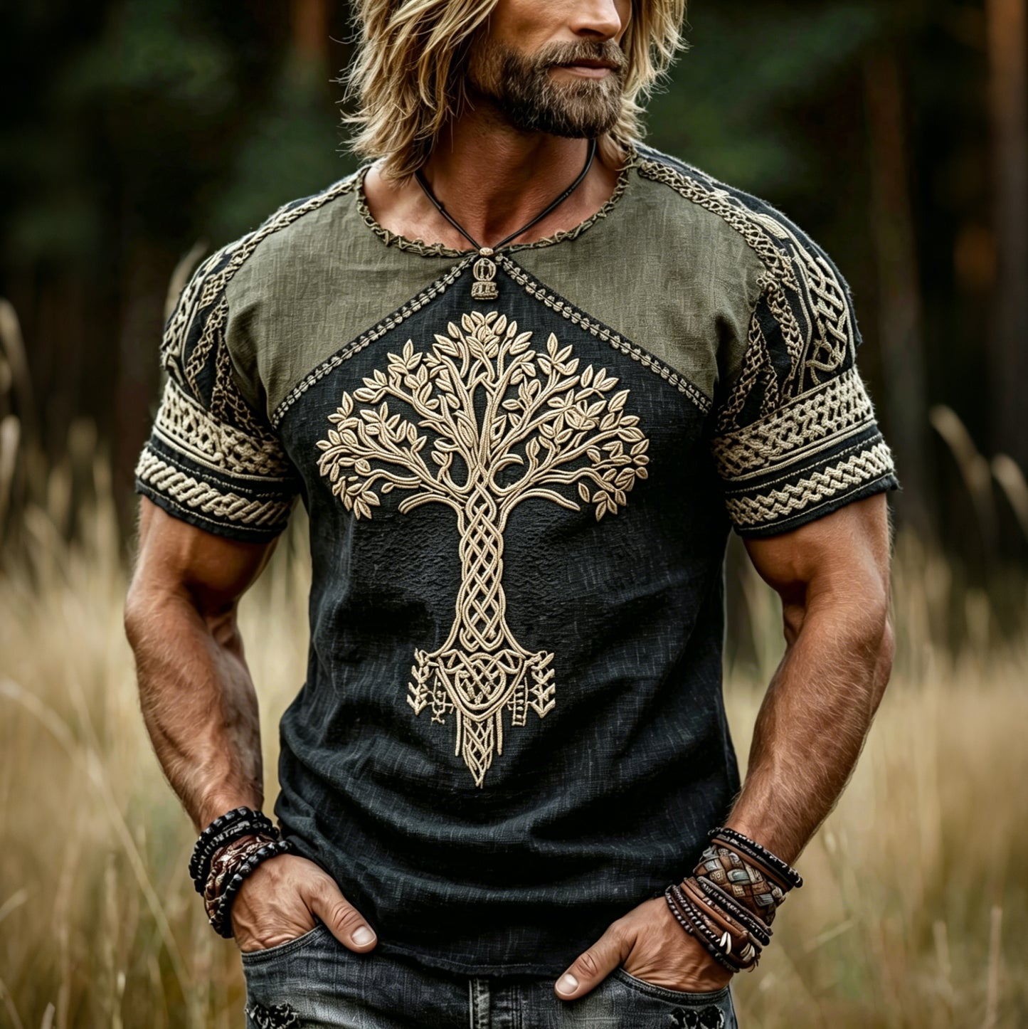 Cardydony Men's Retro Viking Life Of Tree Celtic Pattern Casual Round Neck Cotton And Linen Shirt