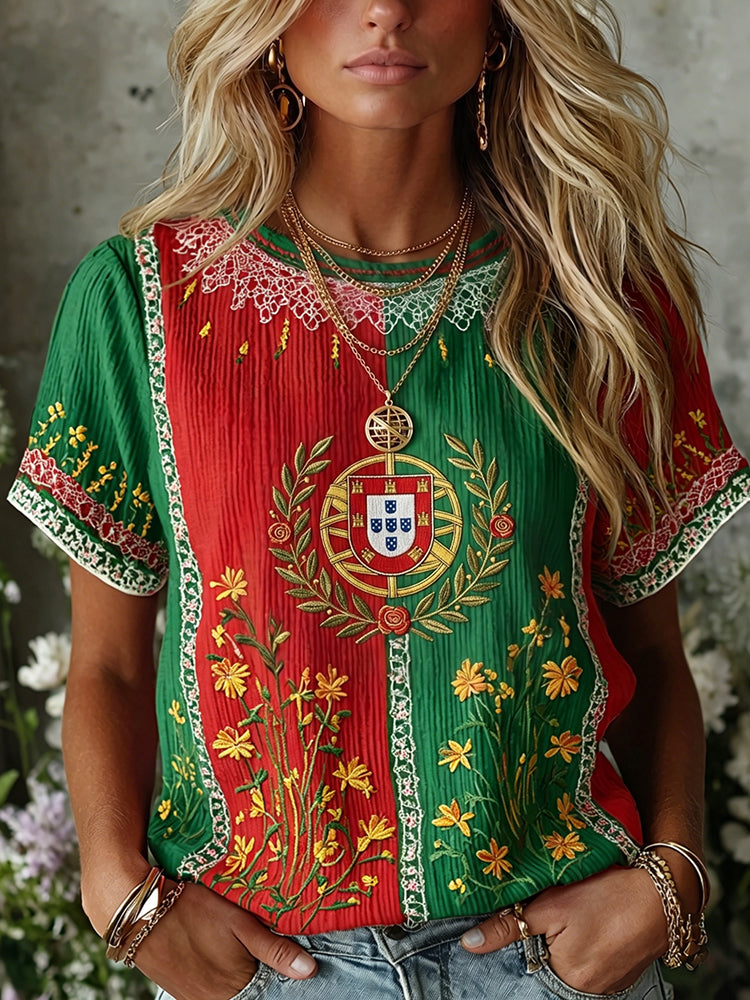 Cardydony Women's Retro Floral Embroidered Patchwork Art Linen Blend Crew Neck Short Sleeve T-shirt