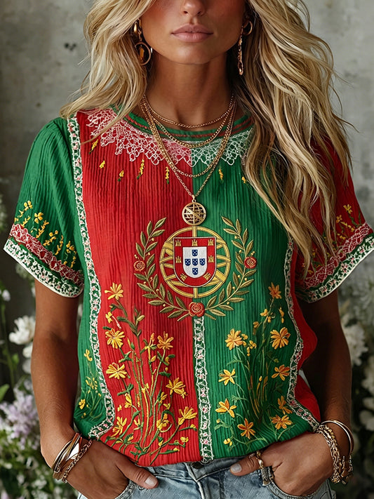 Cardydony Women's Retro Floral Embroidered Patchwork Art Linen Blend Crew Neck Short Sleeve T-shirt