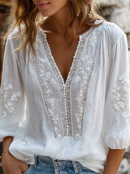Cardydony Vintage White Small Floral And Lace Art Comfortable V-neck Top