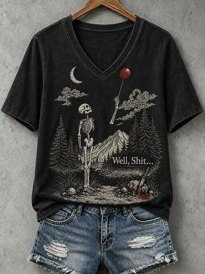 Cardydony Women's Vintage Funny Skeleton Red Balloon Graphic Print Casual T-shirt