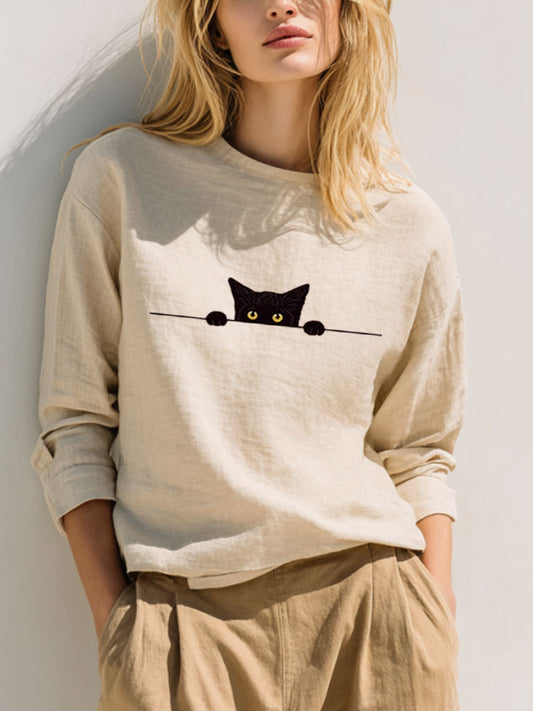 Cardydony Women's Casual Funny Black Cat Print T-shirt