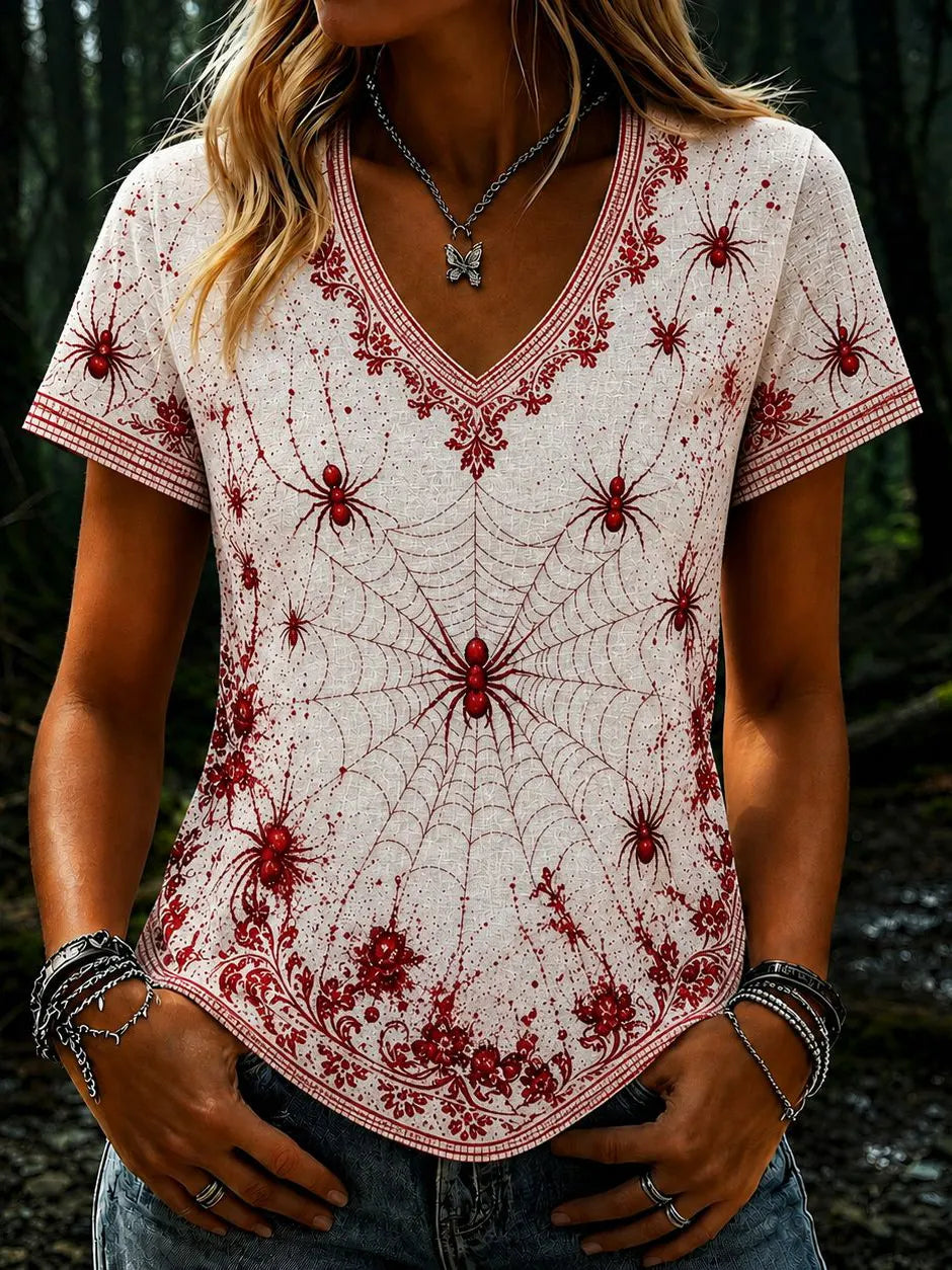 Cardydony Women's Vintage Spider Art Pattern V-neck Short Sleeve T-shirt