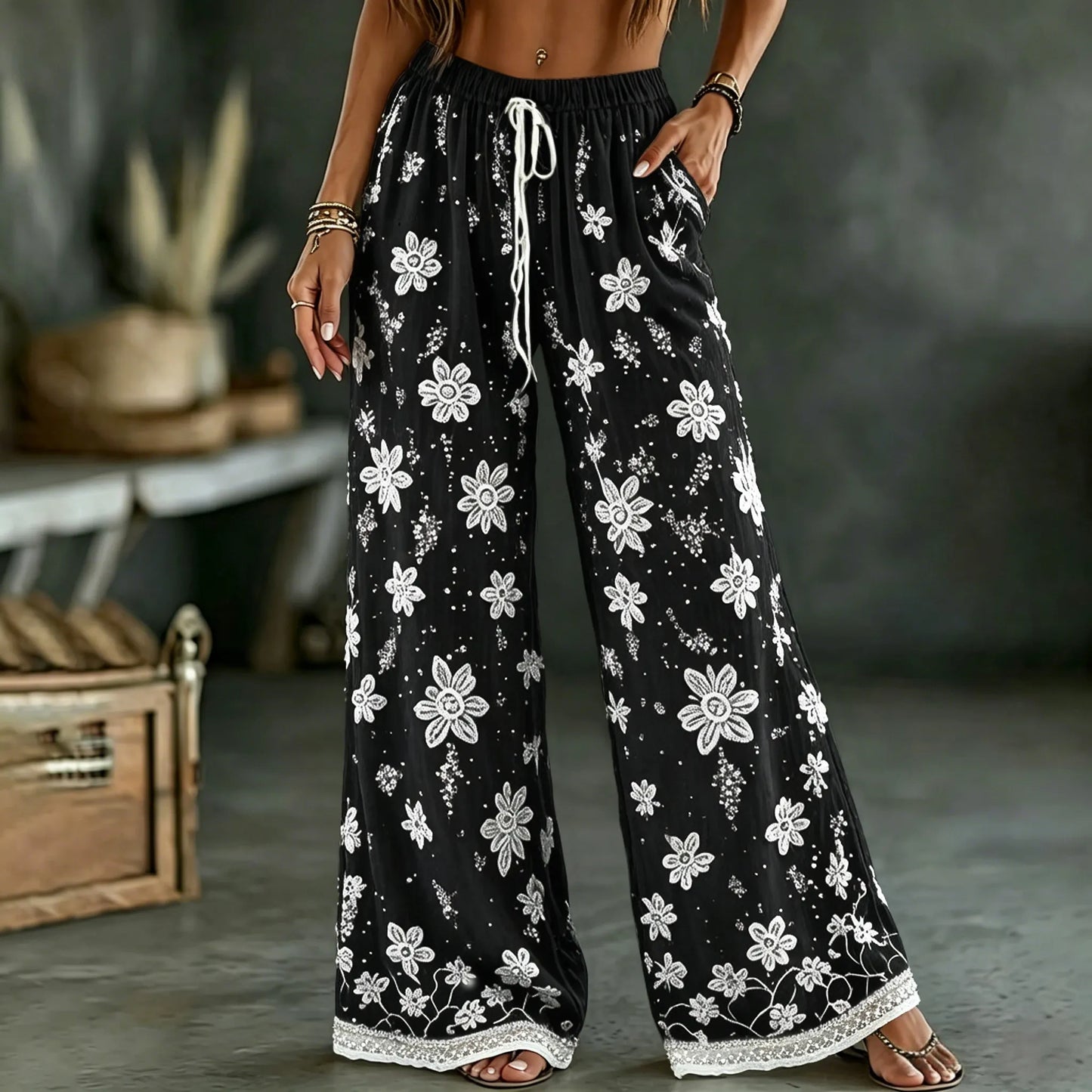 Cardydony Women's White Rose Art Embroidered Linen Blend Pants