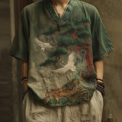 Cardydony Men's Japanese Cranes & Pine Tree Embroidery Casual V Neck Shirt
