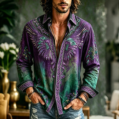 Cardydony Men's Spring Summer Viking Celtic Knot Wings Inspired Art Flowy Linen Blend Shirt