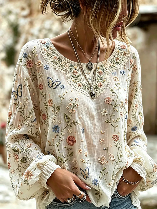 Cardydony Women's Floral And Butterfly Art Print Flowy Linen Blend Linen Blend Long Sleeve Casual Tops