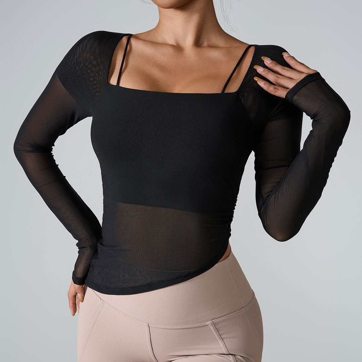 Cardydony Women's Sheer Mesh Long-Sleeve Top with Square Neckline and Ruched Design