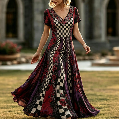 Cardydony Women's Retro Halloween Plaid Floral Print V-neck Dress