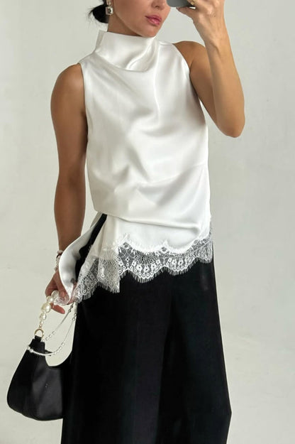 Cardydony Women's Solid Color Satin Spliced lace Sleeveless Irregular Casual Top