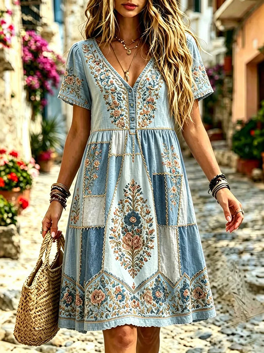 Cardydony Women's Retro Floral Patchwork Cotton Linen Dress