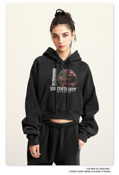 Cardydony Women's Vintage Print Cropped Hoodie | Y2K Washed Black