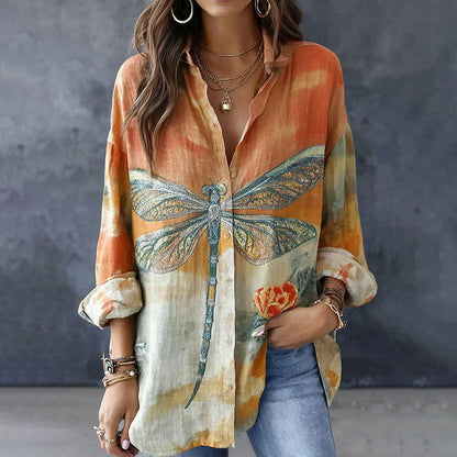 Cardydony Retro Dragonfly Andfloral Pattern Linen Long Sleeve Shirts
