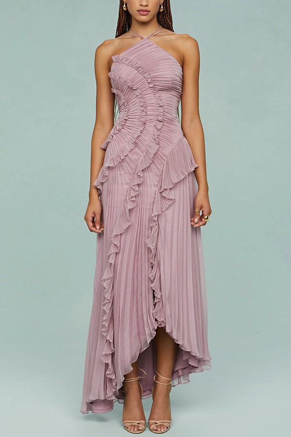 Cardydony Women's Dream Ode Lily Pad Style Pleats and Ruffles Halter Gown Maxi Dress