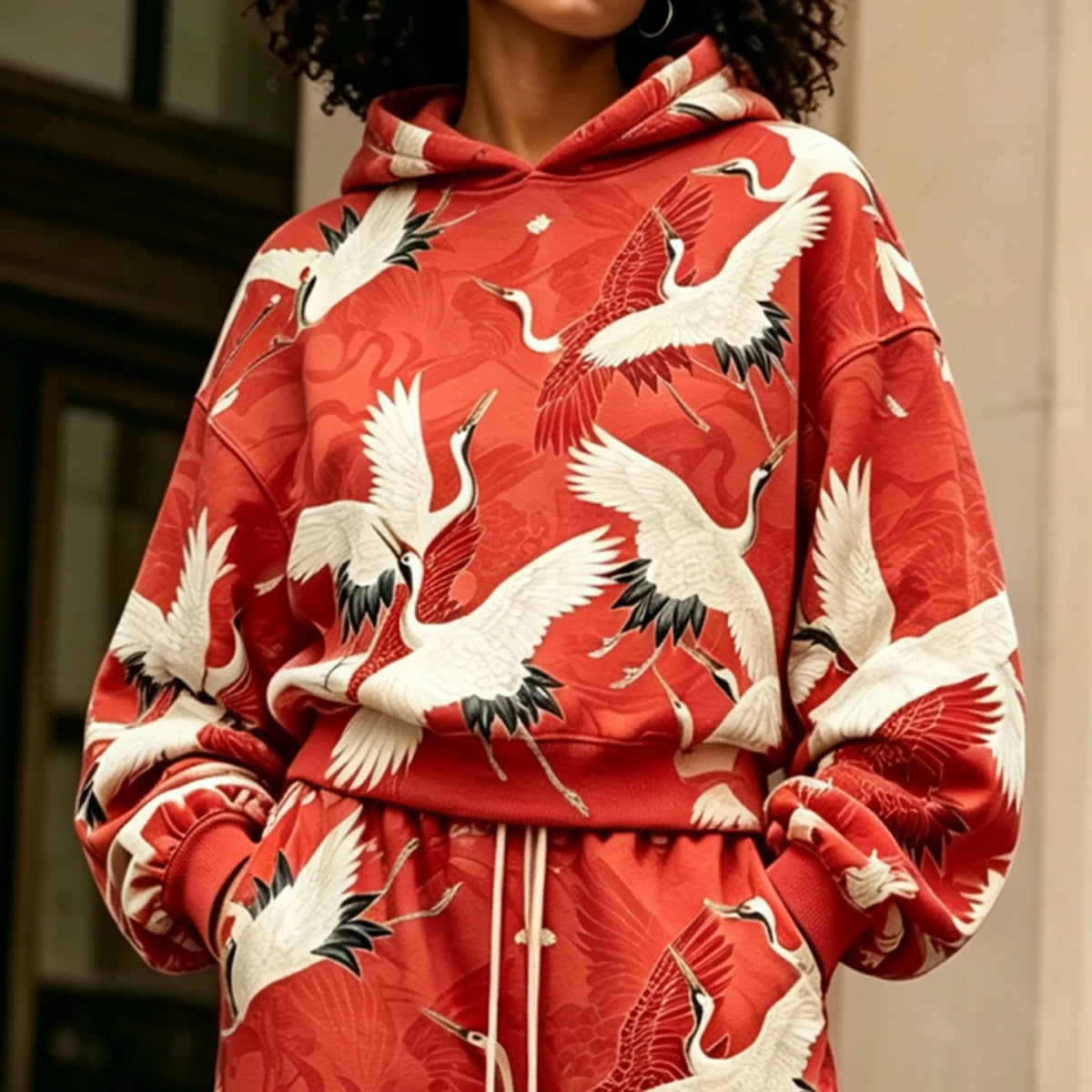 Cardydony Women's Vintage Japanese Crane Art Print Hoodie Two Piece Set