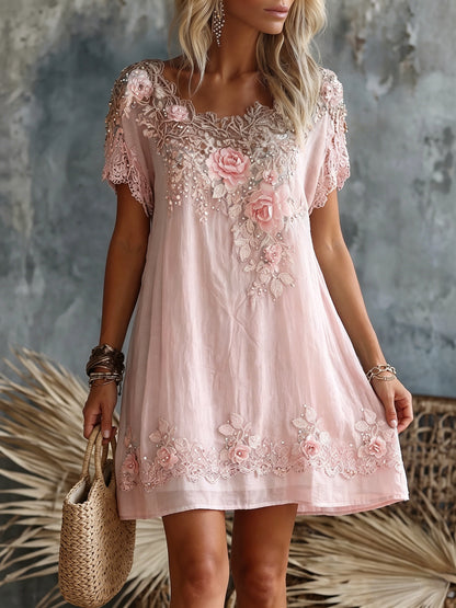 Cardydony Women's Retro Rose Floral Embroidery Pattern Short Sleeve Linen Dress