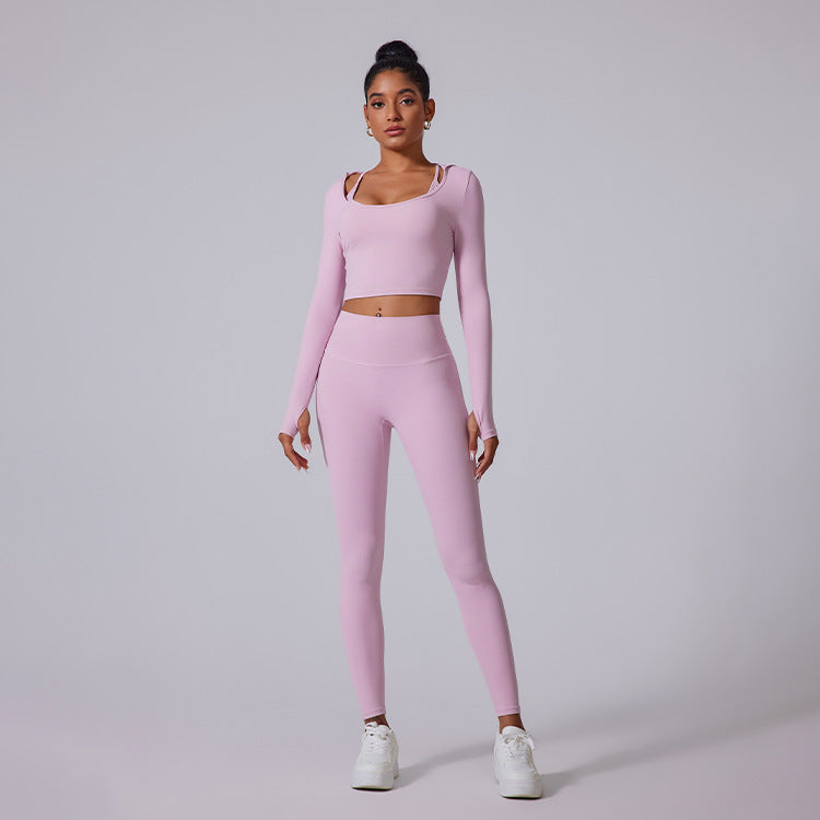 Cardydony Women's Two-Piece Seamless Activewear Set with Long Sleeve Crop Top and High-Waisted Leggings