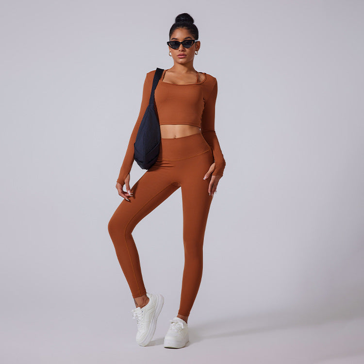 Cardydony Women's Two-Piece Seamless Activewear Set with Long Sleeve Crop Top and High-Waisted Leggings