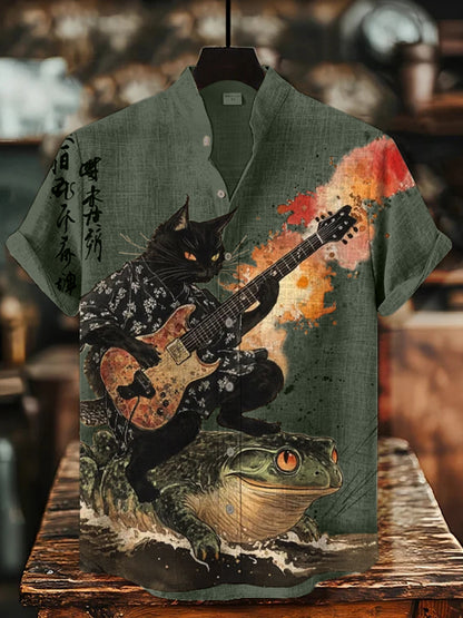 Cardydony Men's Black Cat Riding On Toad Playing Guitar Print Short Sleeve Shirt