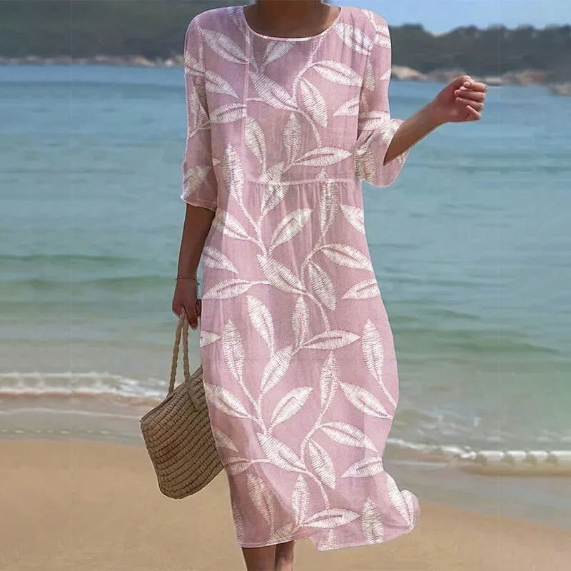 Cardydony Women's Leaf Print Linen Blend Midi Dress