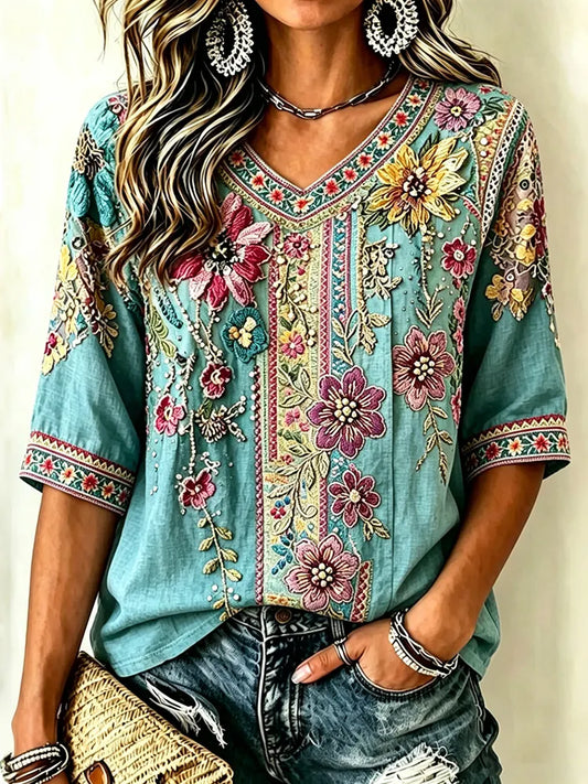 Cardydony Women's Retro Floral Ethnic Style Short-sleeve V-neck T-shirt