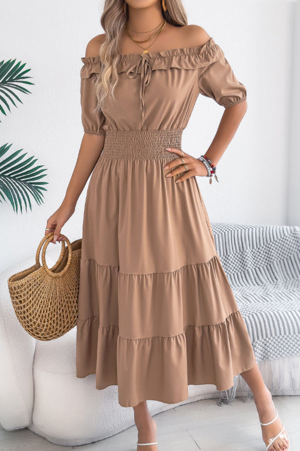 Cardydony Women's Stylish Off-shoulder Short-sleeved Pleated Waist Casual Midi Dress