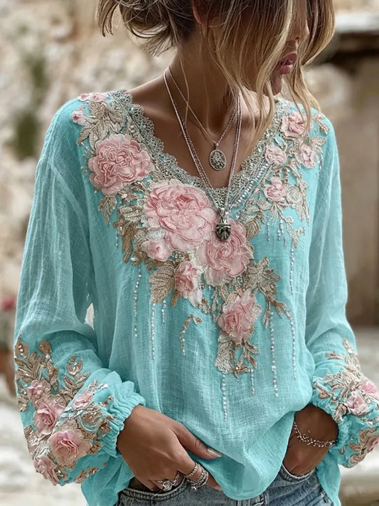 Cardydony Women's Retro Bohemian Rose Embroidery Pattern Casual Cotton Linen Blend T-shirt