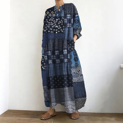 Cardydony Vintage Japanese Traditional Patchwork Art Linen Maxi Dress