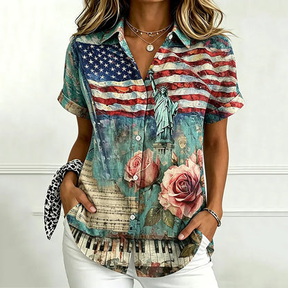 Cardydony Women's Vintage Independence Day Art Print Short Sleeve Shirt