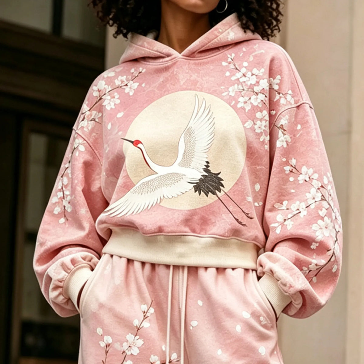 Cardydony Women's Japanese Cherry Blossom And Crane Art Print Hoodie Two Piece Set