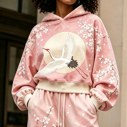 Cardydony Women's Japanese Cherry Blossom And Crane Art Print Hoodie Two Piece Set